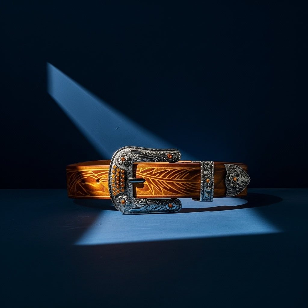 Ceinture Frisson en cuir pleine fleur jaune pour homme, avec gravure florale, boucle ardillon argentée ornée de strass noirs. #fullwidth