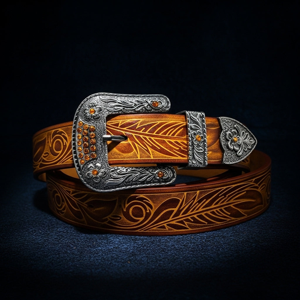 Ceinture Frisson pour homme en cuir pleine fleur jaune, avec boucle ardillon argentée ornée de strass noirs et motif floral gravé sur la lanière. #fullwidth