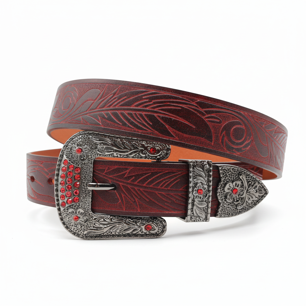 Ceinture Frisson en cuir bordeaux avec gravures florales et boucle ardillon ornée de strass noirs.