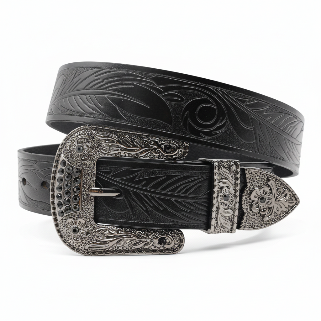 Ceinture Frisson noire en cuir gravé avec boucle ardillon argentée ornée de strass noirs et motifs floraux