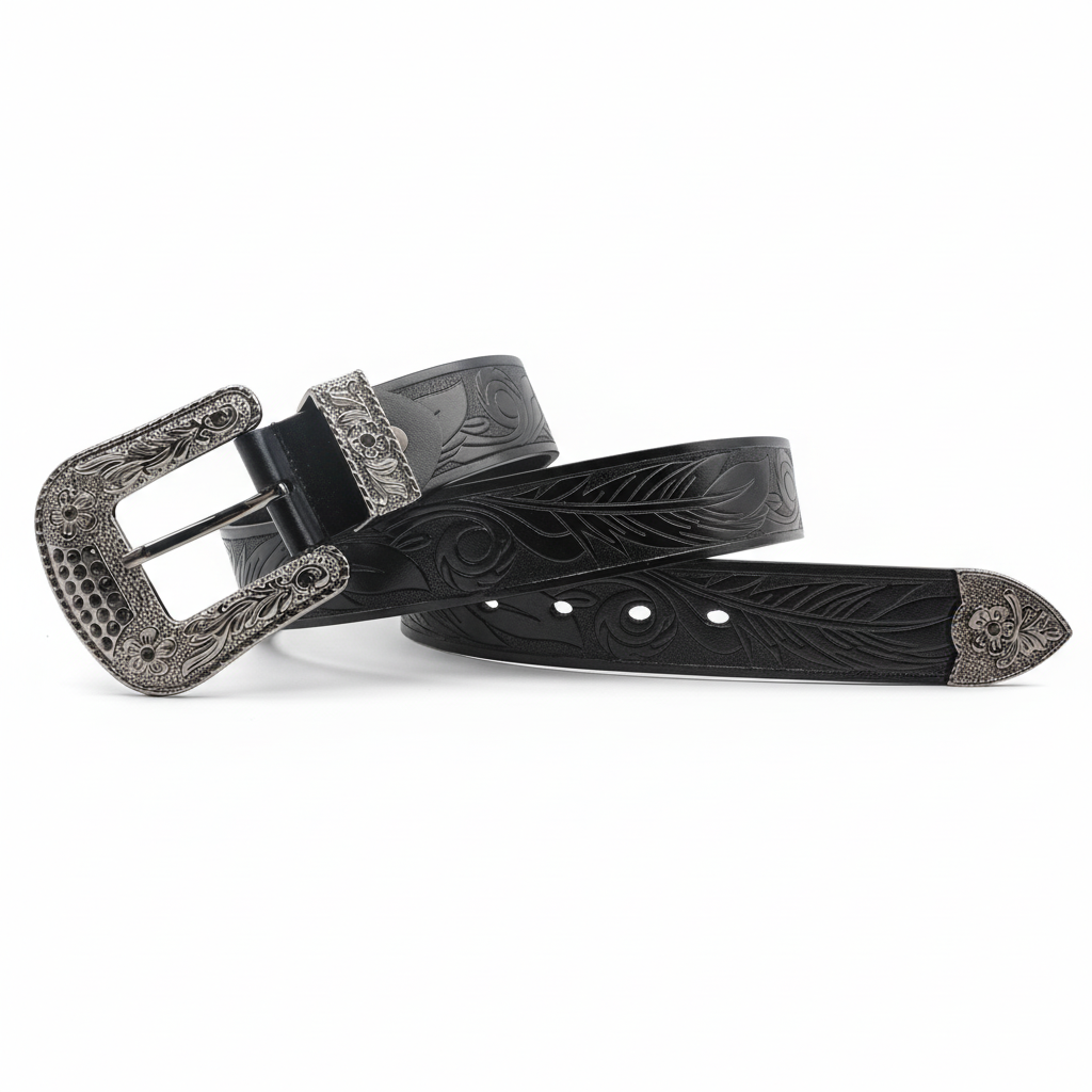 Ceinture Frisson noire en cuir avec gravures florales et boucle ardillon ornée de strass noirs.