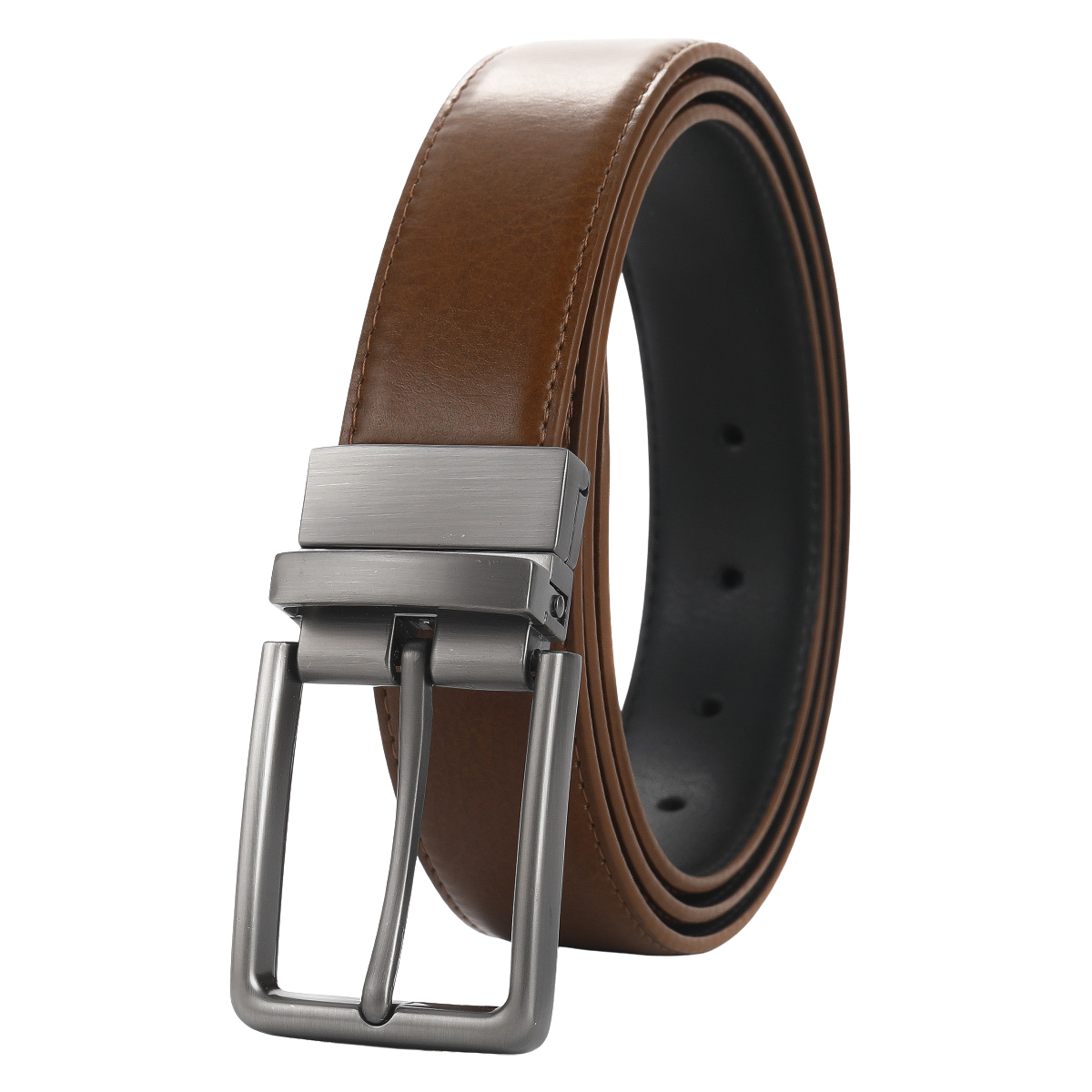 Ceinture homme Gabriel 1 en cuir marron lisse avec boucle ardillon rectangulaire argentée rotative.