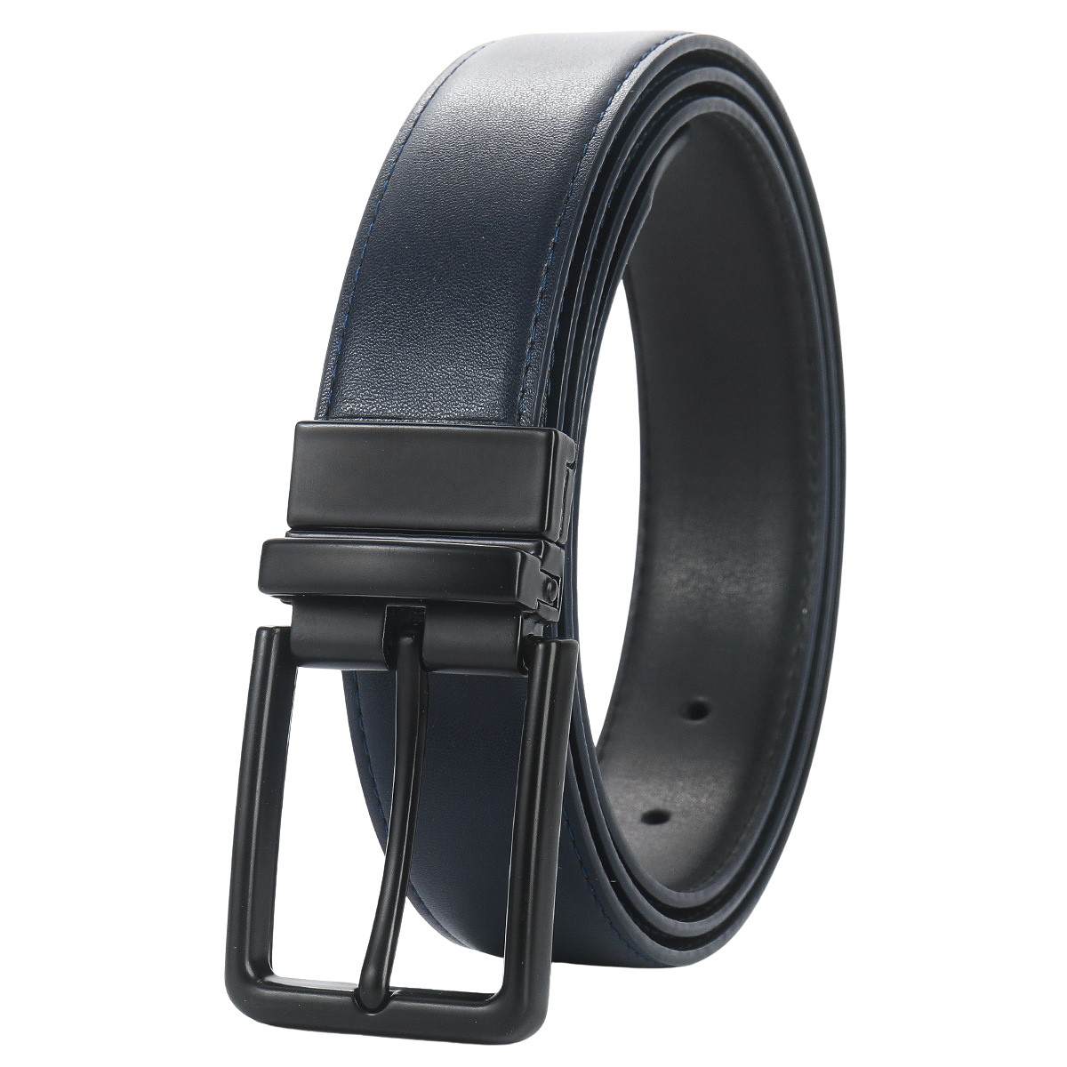 Ceinture homme Gabriel 1 en cuir lisse bleu marine et noir avec boucle ardillon rectangulaire rotative noire.