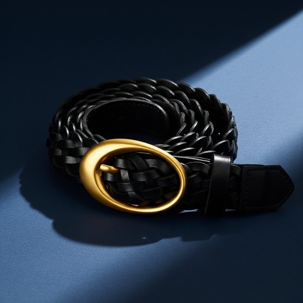 Ceinture femme Gabrielle noire en cuir tressé à la main avec une boucle ovale dorée #fullwidth