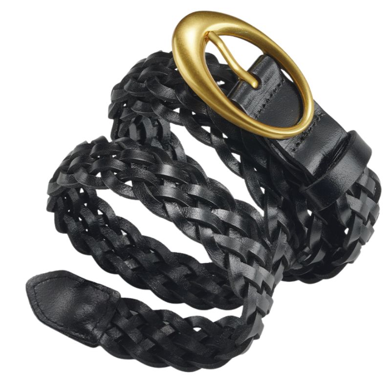 Ceinture tressée noire Gabrielle pour femme, avec boucle ardillon ovale dorée, en cuir pleine fleur.