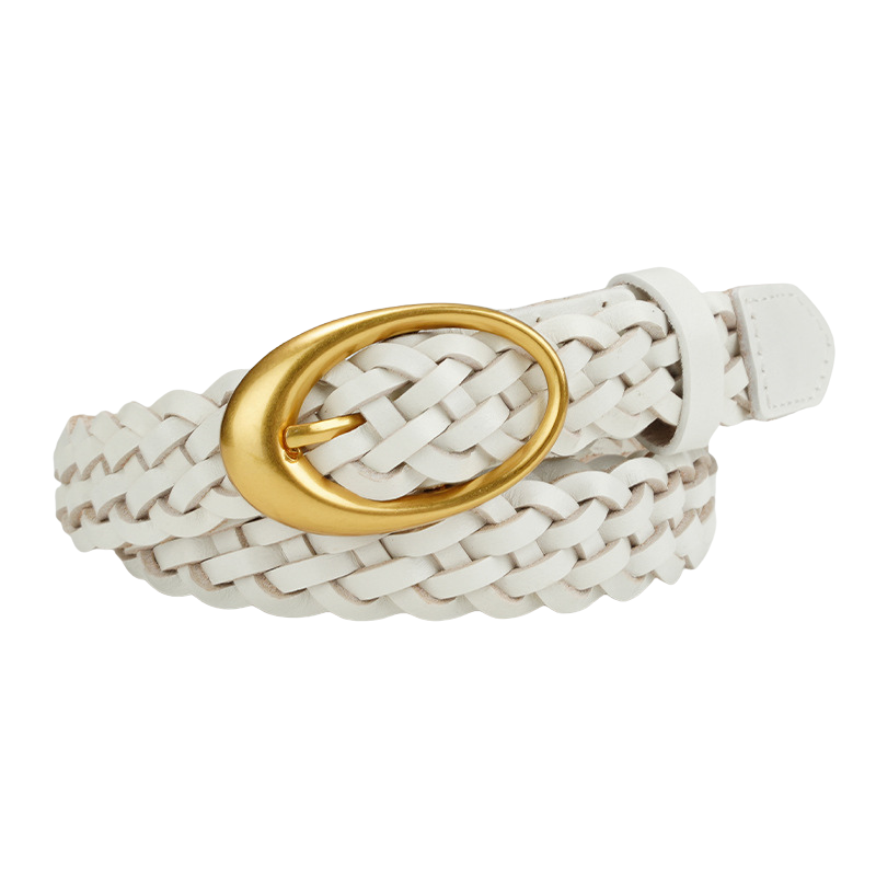Ceinture femme Gabrielle blanche en cuir tressé avec boucle ovale dorée.