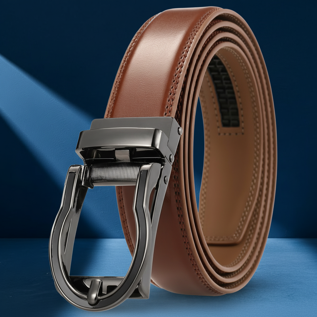 Ceinture homme Gaël en cuir de vachette lisse marron clair avec boucle métallique automatique grise au design original #fullwidth