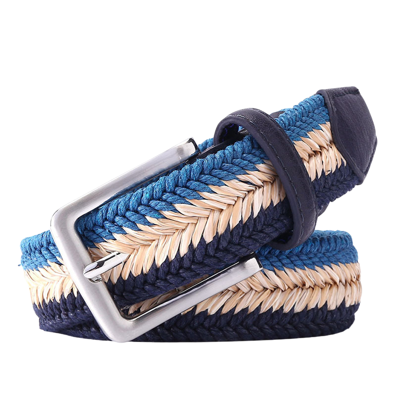 Ceinture GaëlChic tressée en tissu bleu, beige et marine avec une boucle argentée.