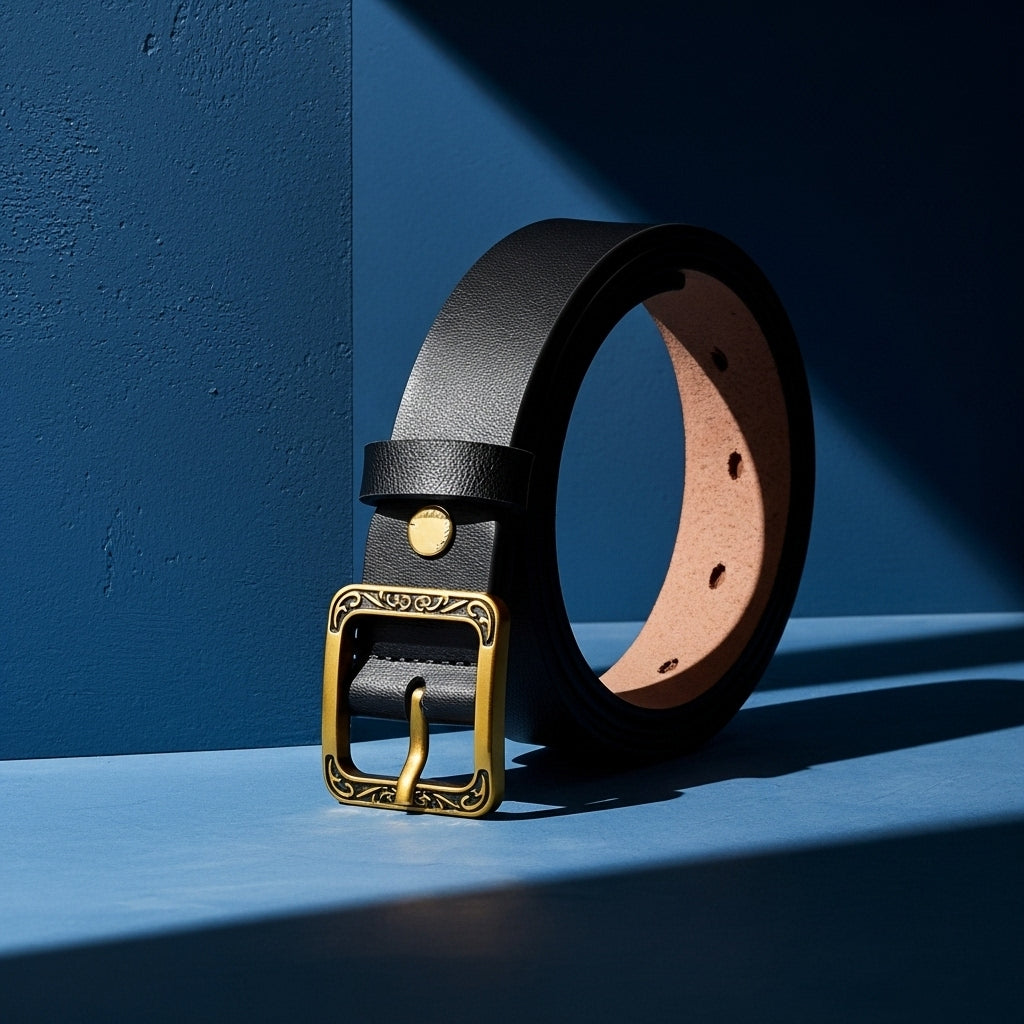 Ceinture noire pour femme Galaxie avec boucle carrée dorée gravée style rétro et lanière en cuir de vachette refendu. #fullwidth