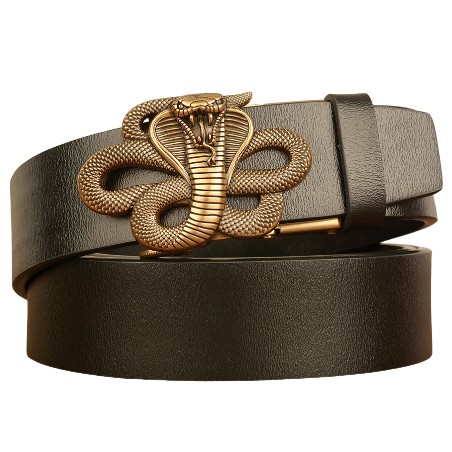 Ceinture homme Gauthier en cuir noir avec boucle décorative audacieuse en forme de tête de cobra dorée
