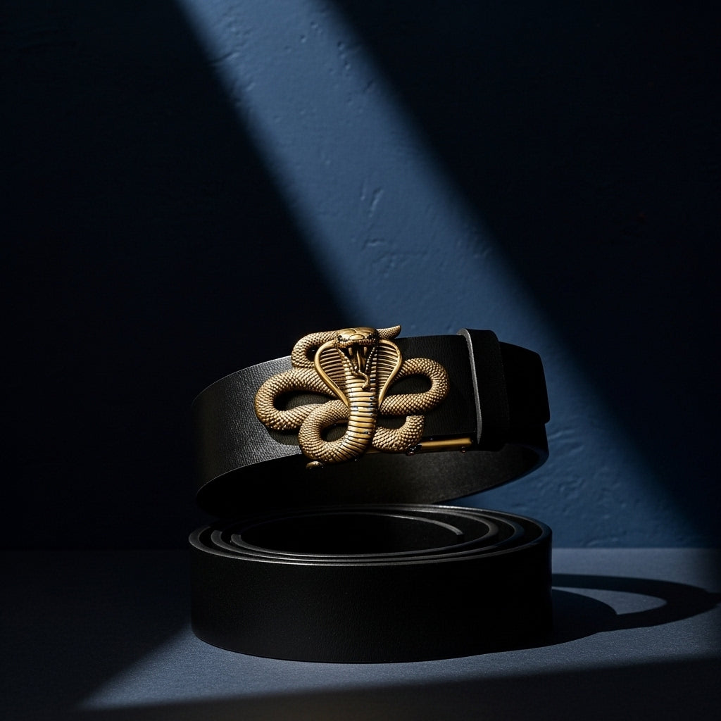 Ceinture homme Gauthier en cuir noir avec une boucle décorative audacieuse en forme de tête de cobra dorée. #fullwidth