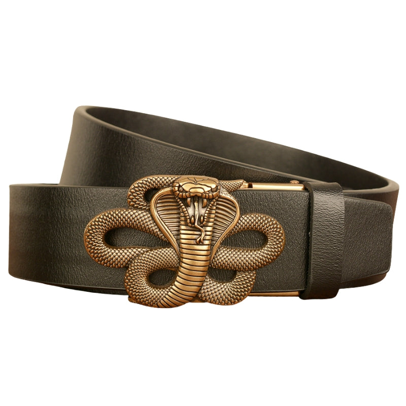 Ceinture homme Gauthier en cuir lisse noir avec une boucle décorative audacieuse en forme de tête de cobra dorée.