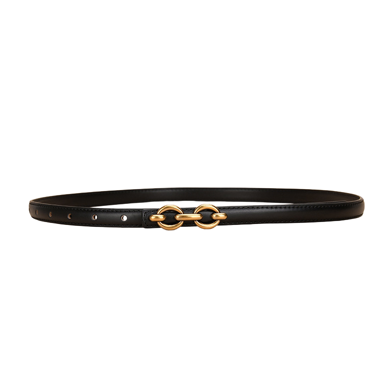 Ceinture fine noire Geneviève en cuir lisse avec boucle dorée à deux anneaux ovales, système sans ardillon.