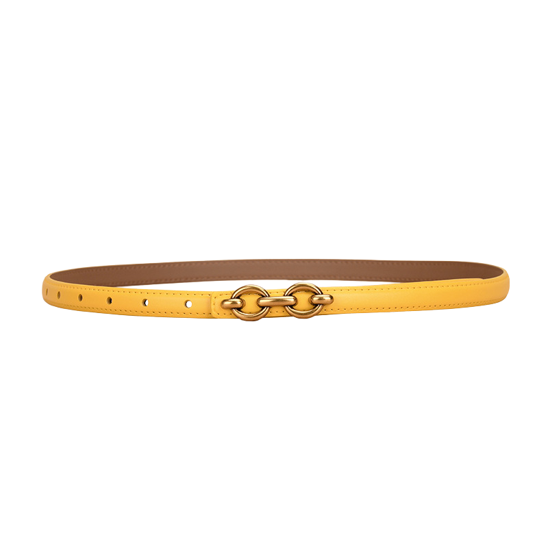 Ceinture fine jaune modèle Geneviève en cuir lisse avec boucle dorée double anneau ovale.