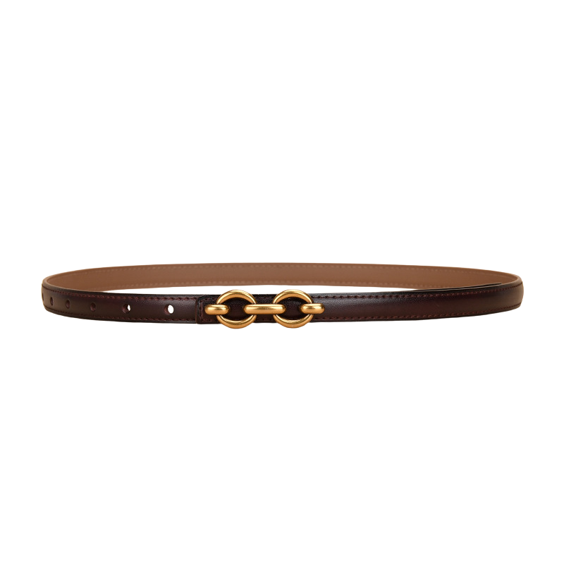 Ceinture fine Geneviève en cuir marron foncé avec une boucle dorée composée de deux anneaux ovales.