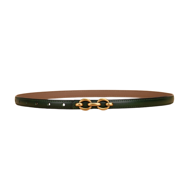Ceinture fine Geneviève en cuir refendu vert foncé avec boucle dorée à deux anneaux ovales
