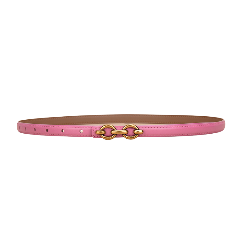 Ceinture fine Geneviève rose en cuir lisse avec boucle dorée à anneaux ovales