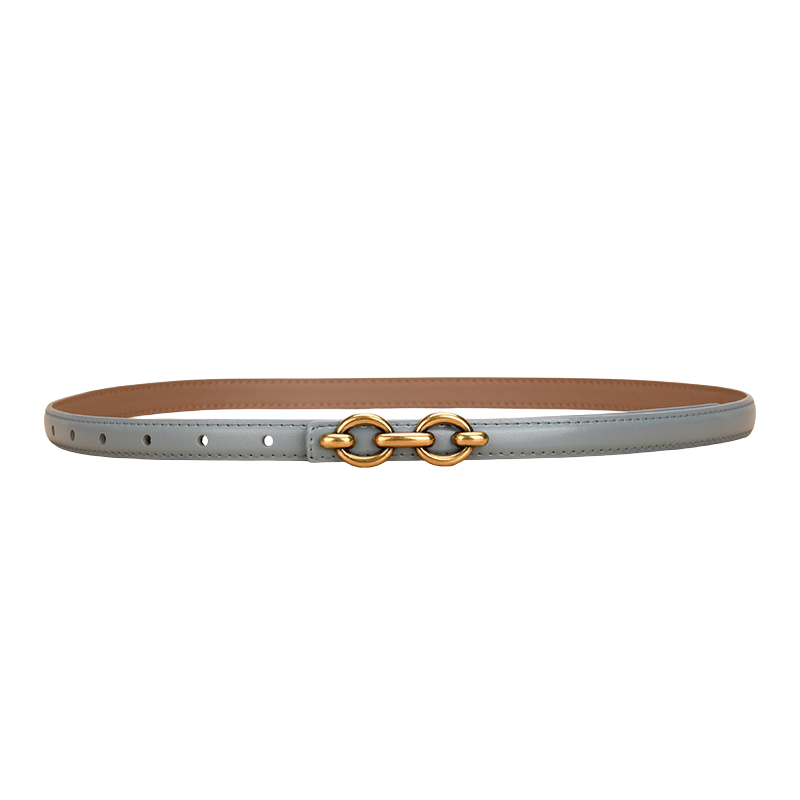 Ceinture fine Geneviève bleu clair en cuir lisse avec boucle dorée à deux anneaux ovales