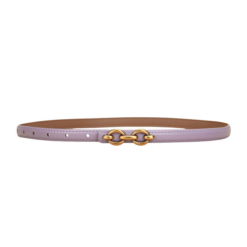Ceinture fine Geneviève en cuir lisse violet avec boucle dorée à maillons ovales.