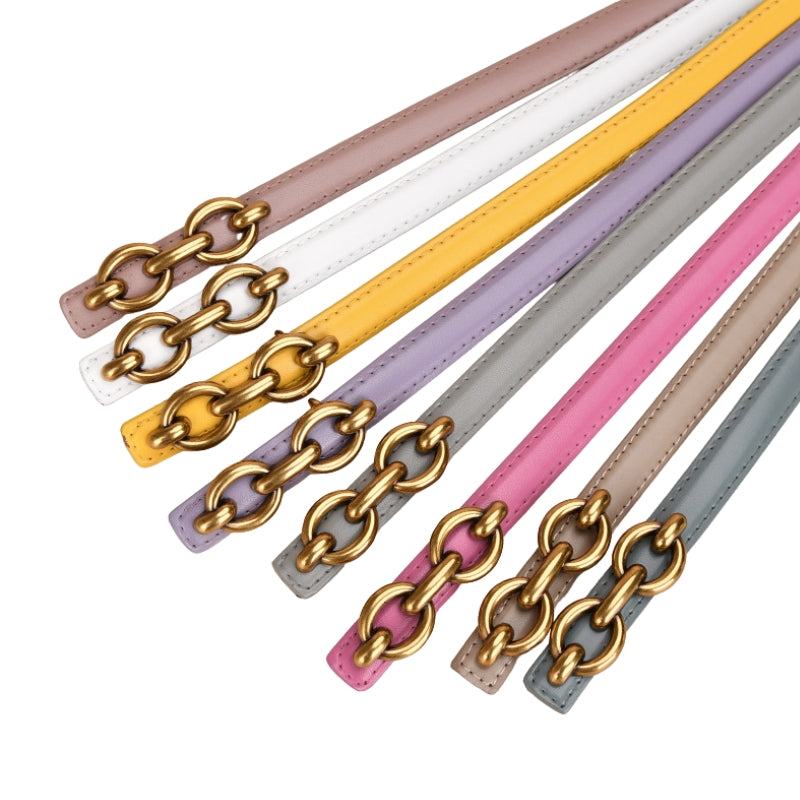 Collection de ceintures fines Geneviève en cuir refendu lisse, disponibles en plusieurs coloris pastel et vives, avec une boucle chaîne dorée à maillons ovales.