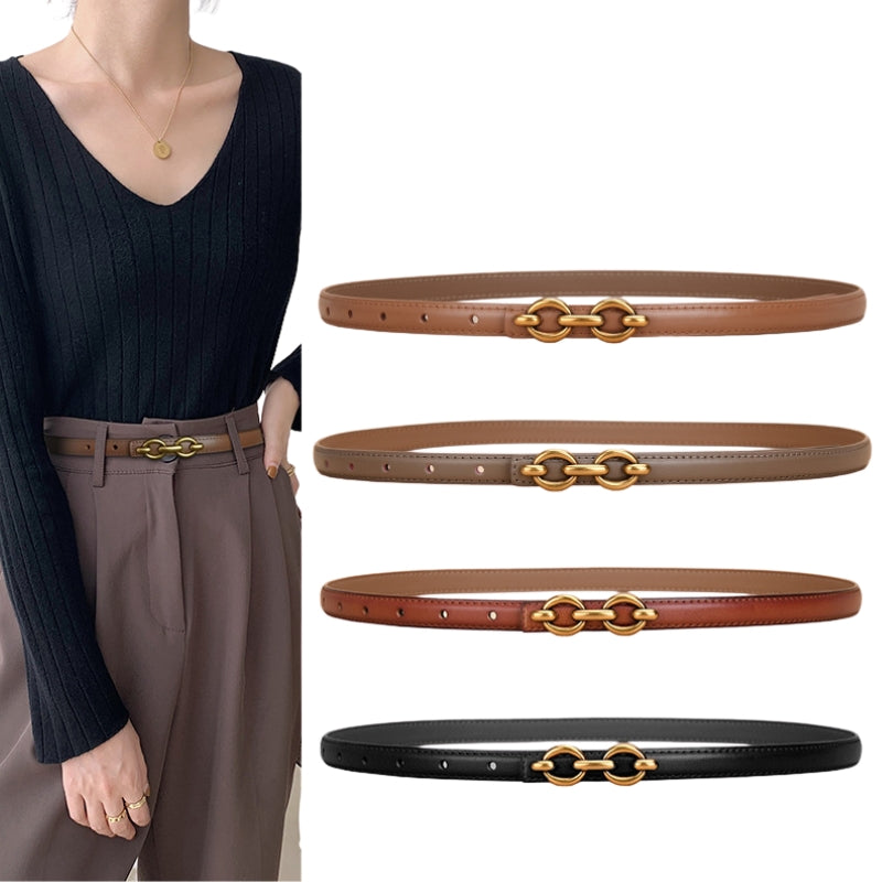 Ceinture fine Geneviève en cuir lisse disponible en plusieurs couleurs (brun clair, gris brun, brun foncé, noir) avec une boucle dorée à double anneau ovale et système sans ardillon.