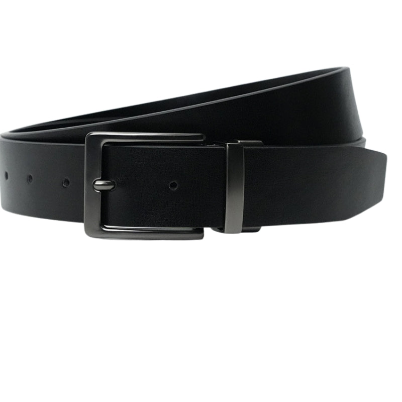 Ceinture Géraud homme en simili cuir PU noir, réversible, avec boucle ardillon rectangulaire en alliage finition noire satinée.