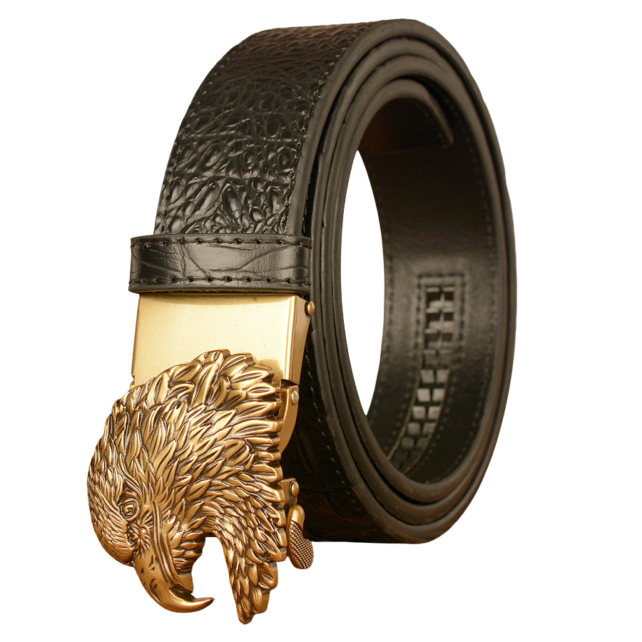 Ceinture homme Germain en cuir noir avec texture crocodile embossée et boucle automatique dorée en forme de tête d'aigle 3D