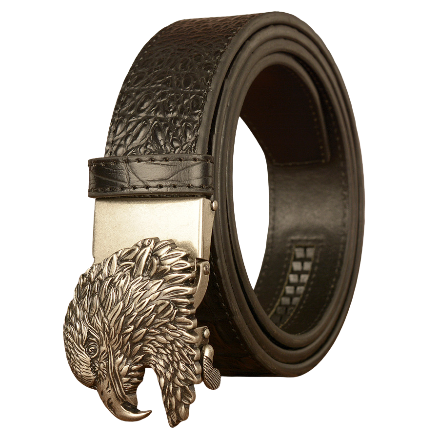 Ceinture homme Germain noire en cuir refendu avec texture crocodile embossée et boucle argentée en forme de tête d'aigle 3D.
