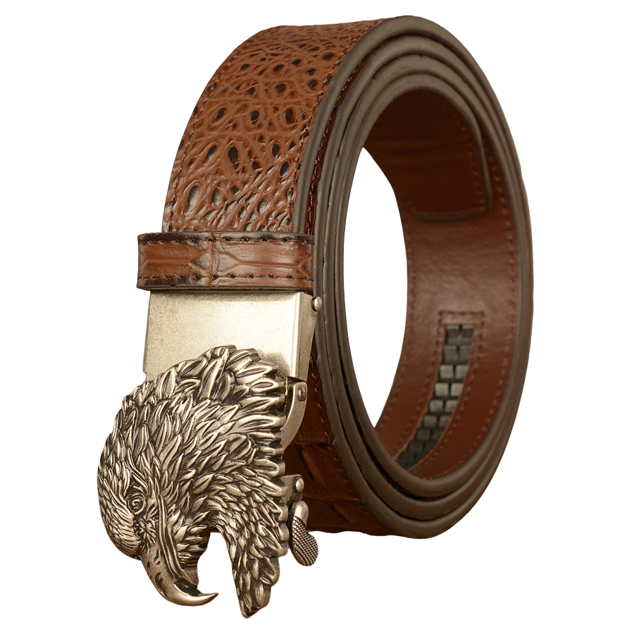 Ceinture homme Germain en cuir marron grainé avec boucle argentée en forme de tête d'aigle en alliage