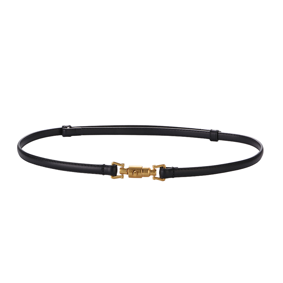 Ceinture fine noire Gisèle en cuir lisse avec boucle cylindrique dorée à fermoir tournant.