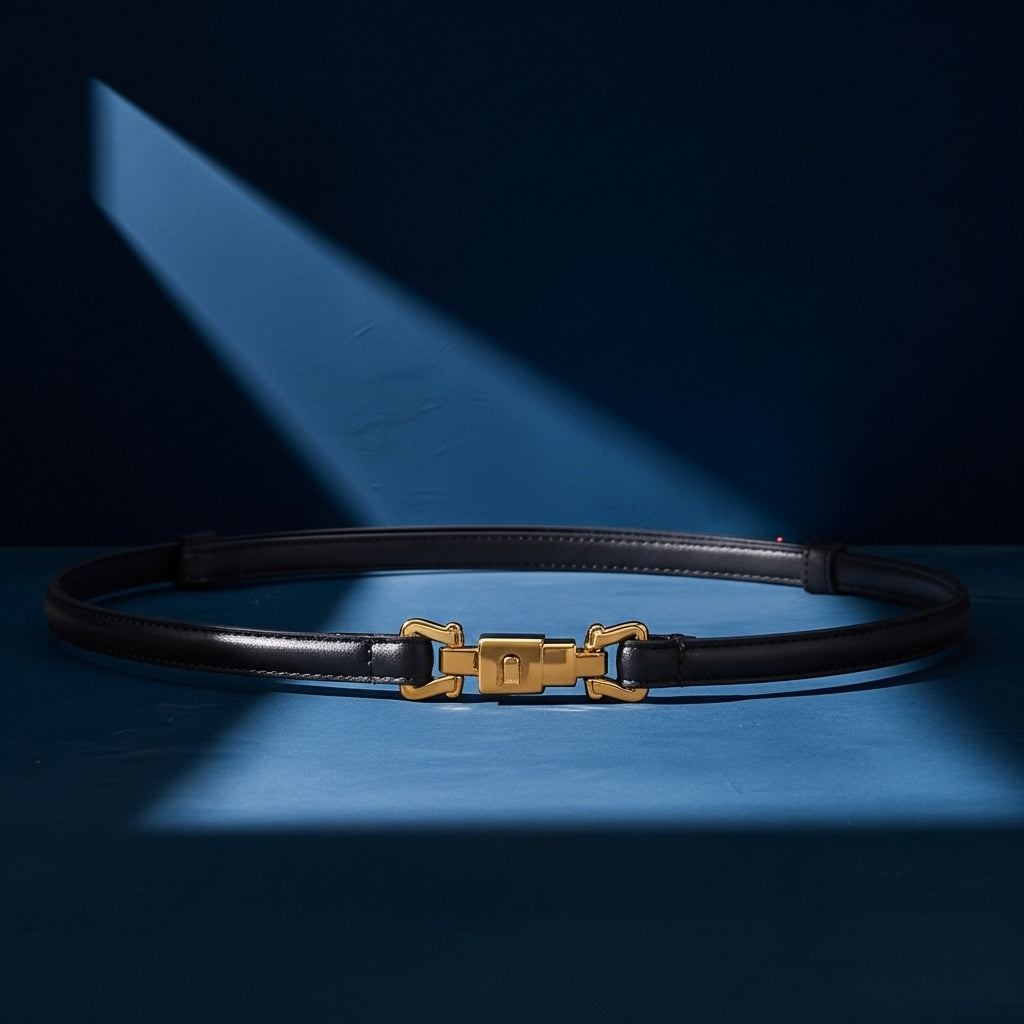 Ceinture fine noire Gisèle en cuir lisse avec boucle dorée originale à fermoir cylindrique tournant. #fullwidth