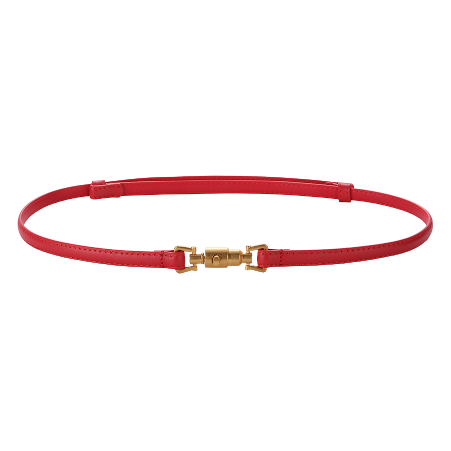 Ceinture fine rouge Gisèle en cuir lisse avec boucle cylindrique dorée à fermoir original