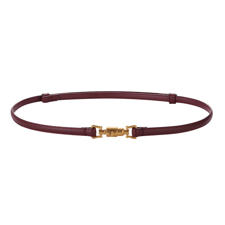 Ceinture fine Gisèle en cuir lisse bordeaux avec boucle cylindrique dorée à fermoir tournant