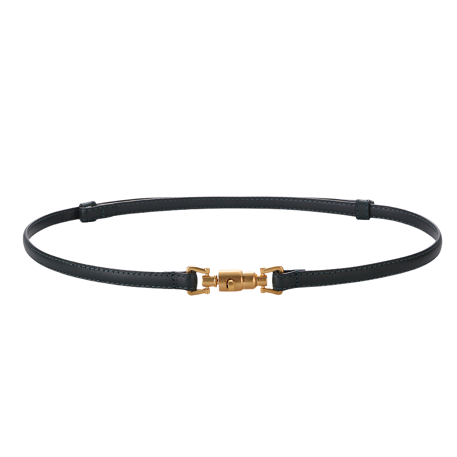 Ceinture fine Gisèle en cuir noir lisse avec boucle cylindrique dorée originale.