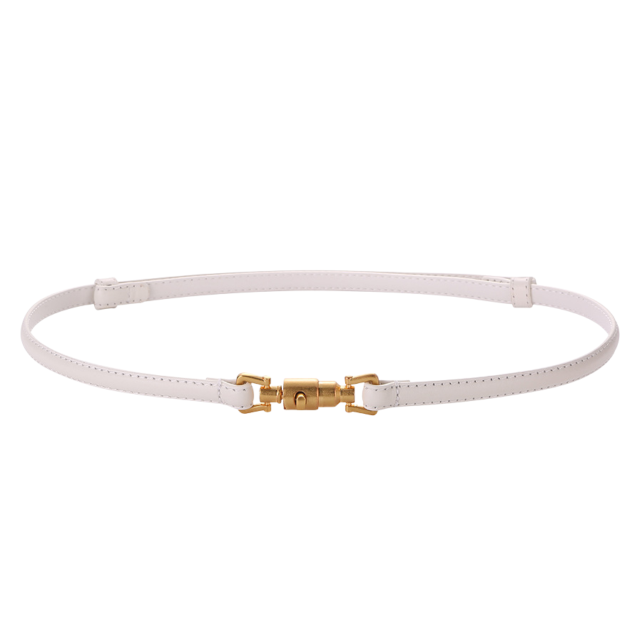 Ceinture fine Gisèle blanche en cuir lisse avec fermoir cylindrique doré original.