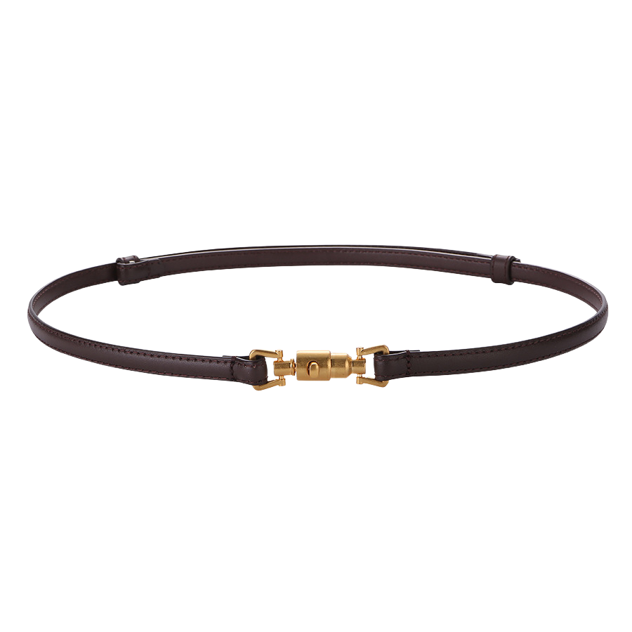 Ceinture fine Gisèle en cuir marron foncé avec une boucle cylindrique dorée originale à fermoir tournant.