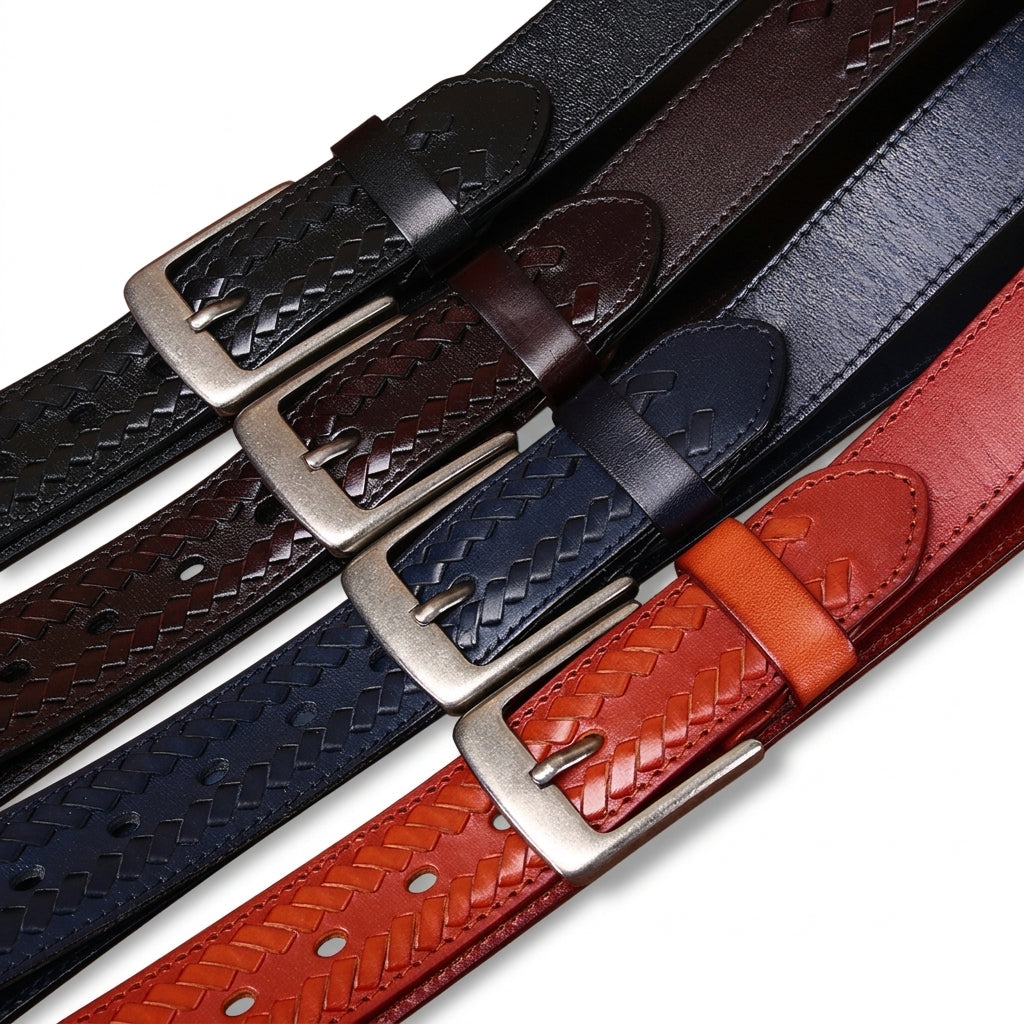 Collection de ceintures homme Giverny en cuir de vachette pleine fleur avec centre tressé main et boucle ardillon en argent vieilli, disponibles en plusieurs coloris