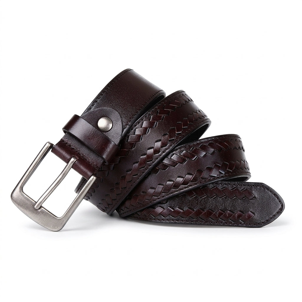 Ceinture homme Giverny en cuir pleine fleur de vachette marron avec centre tressé main et boucle ardillon carrée en métal argenté vieilli