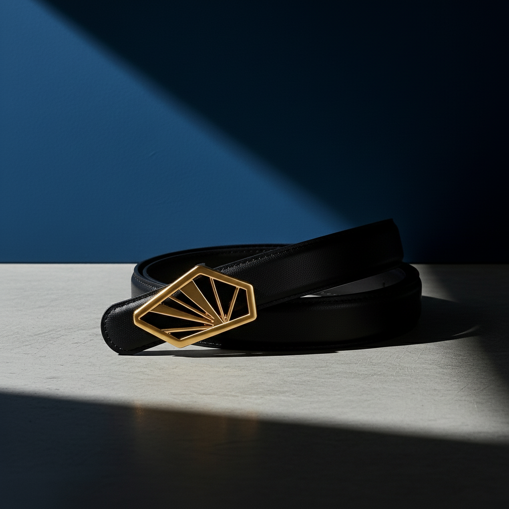 Ceinture femme noire Glorieuse en cuir avec boucle dorée géométrique en forme d'éventail. #fullwidth