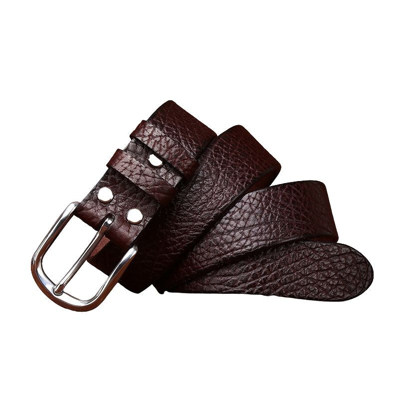 Ceinture homme Granox en cuir pleine fleur bordeaux, lanière grainée texturée, boucle ardillon ovale en acier inoxydable argenté.