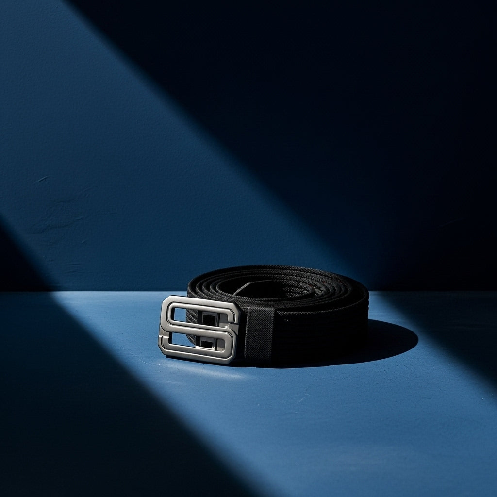 Ceinture Grégoire noire en tissu tressé avec boucle rectangulaire argentée automatique et rotative. #fullwidth