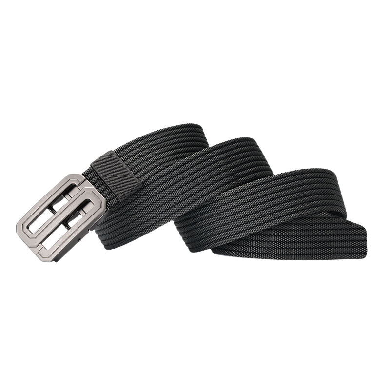 Ceinture Grégoire en tissu tressé gris foncé avec une boucle automatique argentée rectangulaire au design contemporain.