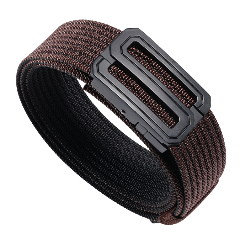 Ceinture Grégoire en tissu tressé bordeaux et noir avec boucle automatique rectangulaire noire