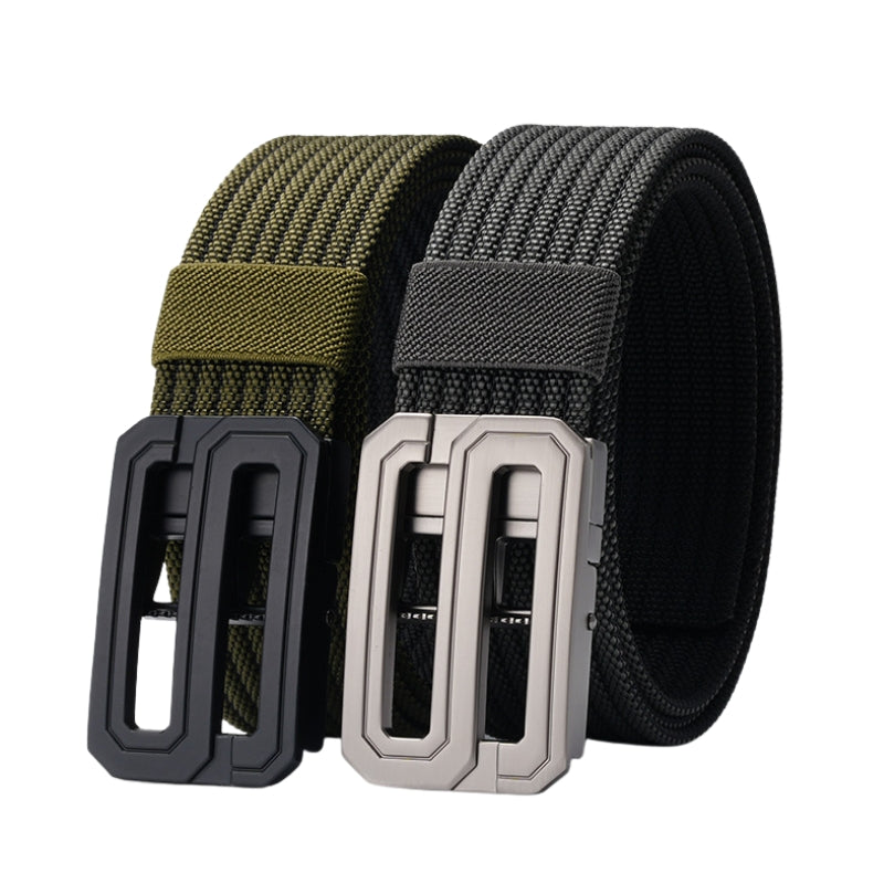 Ceinture Grégoire en tissu tressé vert kaki et noir avec boucle automatique rectangulaire en alliage argenté et noir.