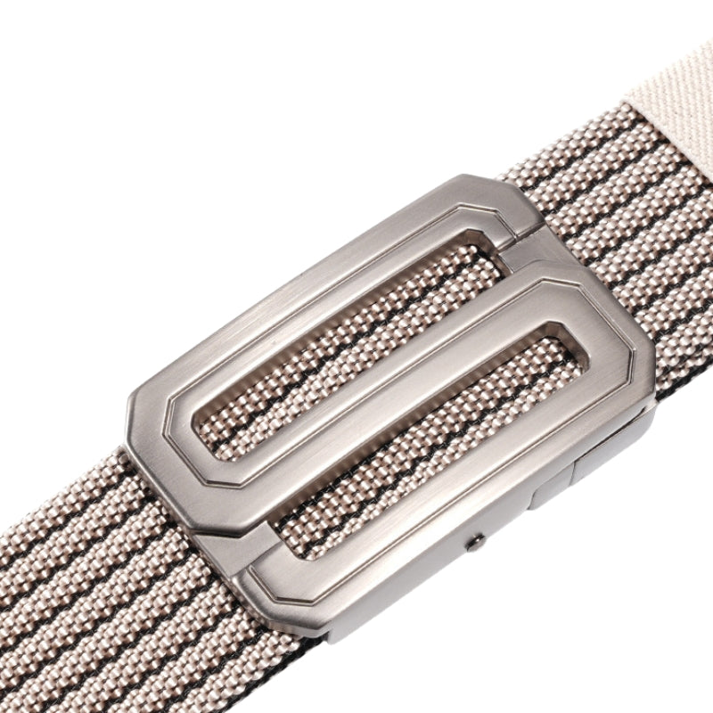 Ceinture Grégoire pour homme avec boucle rectangulaire automatique en alliage argenté et tissu tressé rayé noir et beige.