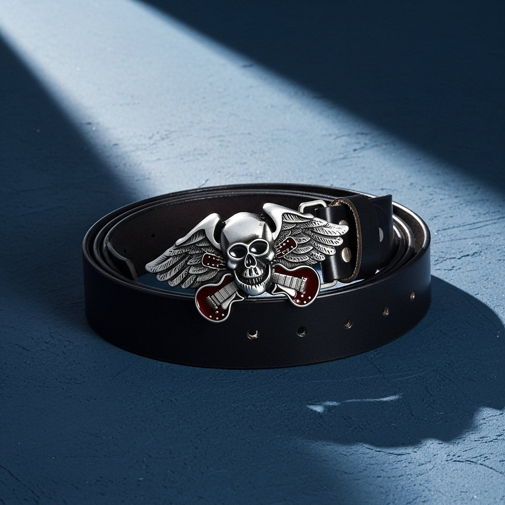 Ceinture Grimor pour homme en cuir noir avec une boucle argentée ornée d'une tête de mort ailée et de guitares rouges. #fullwidth