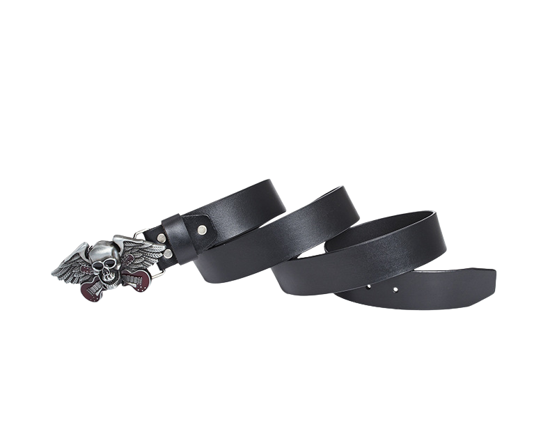 Ceinture pour homme Grimor en cuir noir avec une boucle argentée ornée d'une tête de mort ailée et de guitares rouges.
