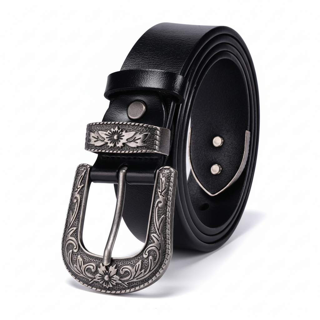 Ceinture pour homme Gwenaëlle en cuir noir avec boucle ardillon argentée gravée de motifs floraux de style rétro