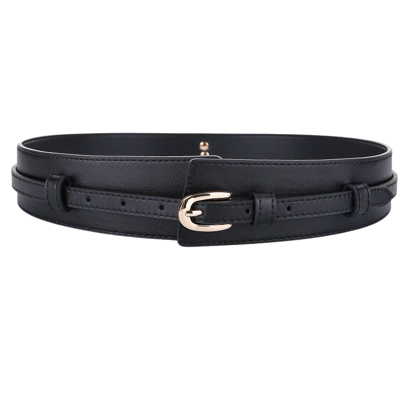 Ceinture Hélène noire en cuir refendu pour femme avec boucle ardillon dorée et design deux-en-un, ajustable manuellement.