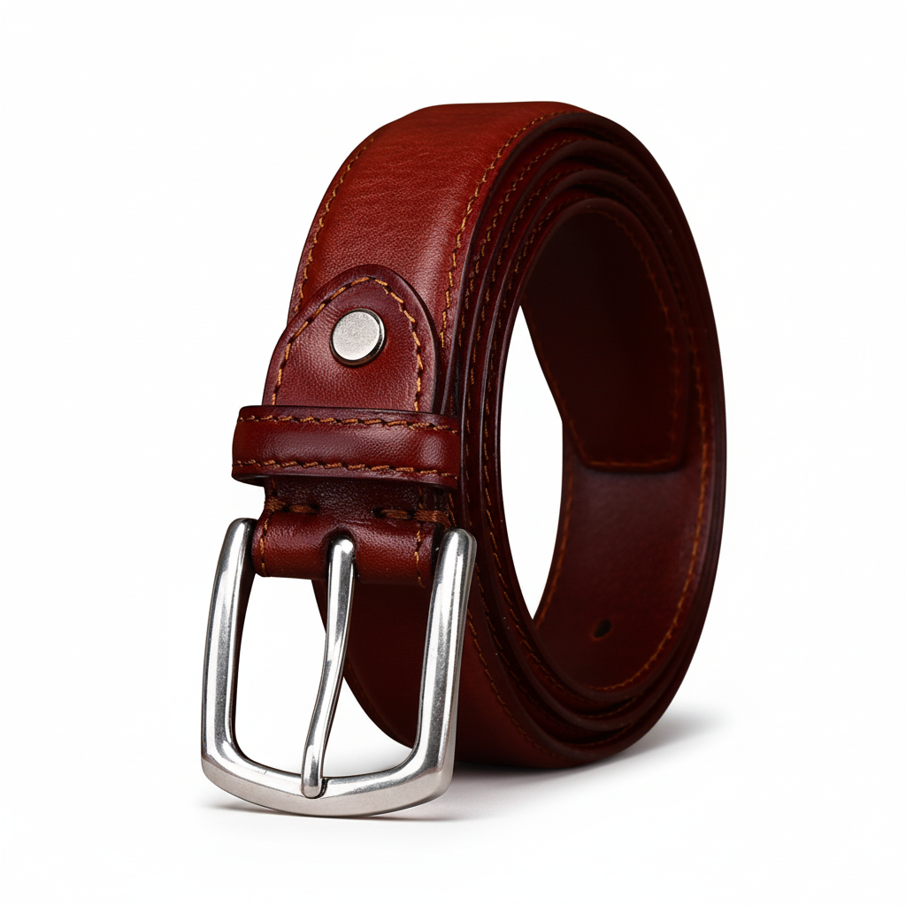 Ceinture en cuir de vachette pleine fleur bordeaux pour homme, modèle Héritage Cuir, avec boucle ardillon argentée arrondie et coutures ton sur ton.